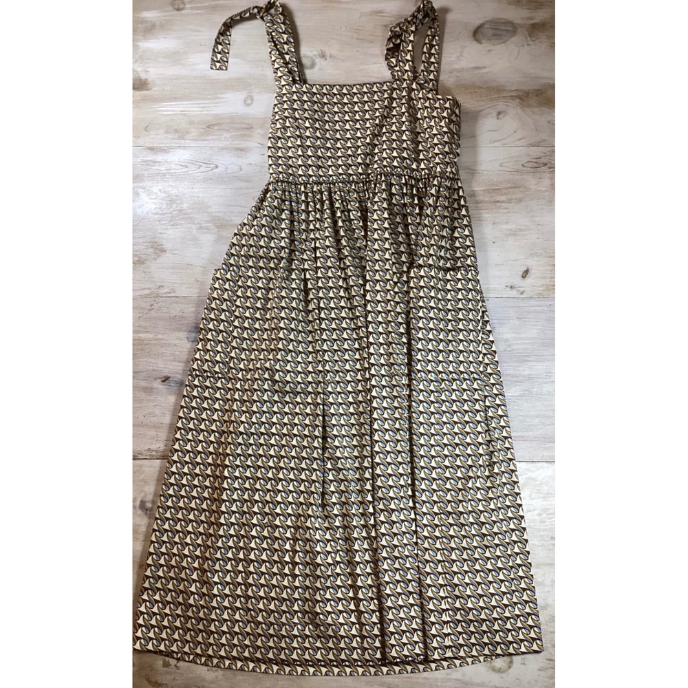 Tory Burch Geometric Print Tie Shoulder Midi Dress Blue Gold Brown Womens Medium - Picture 2 of 6